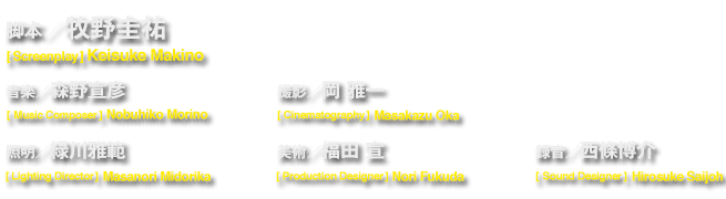 脚本／牧野圭祐　音楽／森野宣彦　撮影／岡 雅一　照明／緑川雅範　美術／福田 宣　録音／西條博介